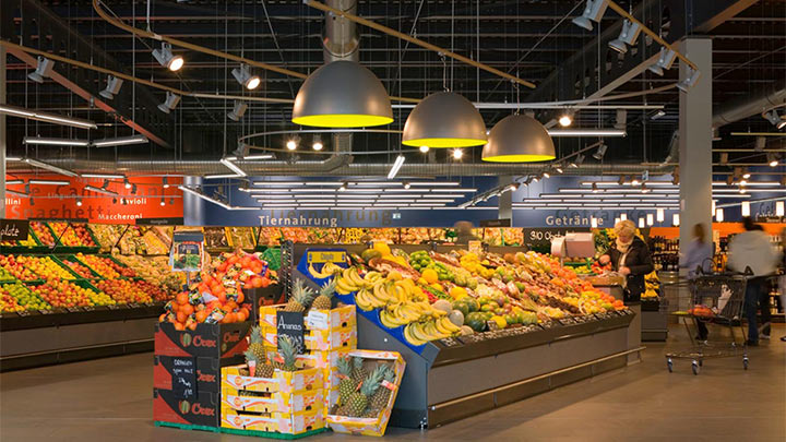 Fruits and vegetables section illuminated with Philips LED lighting 