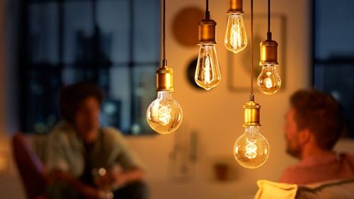 Philips Vintage LED bulbs hanging from the ceiling creating a cozy warm glow
