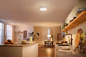 Room with medium brightness setting of a Philips SceneSwitch LED bulb