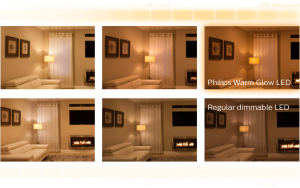Comparison of light effects in a room between a Philips Warmglow LED bulb and a regular dimmable LED bulb.