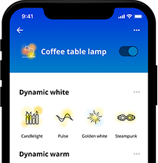 "WiZ app interface for LED lamps, displaying dynamic white and warm lighting presets for customisable home illumination."